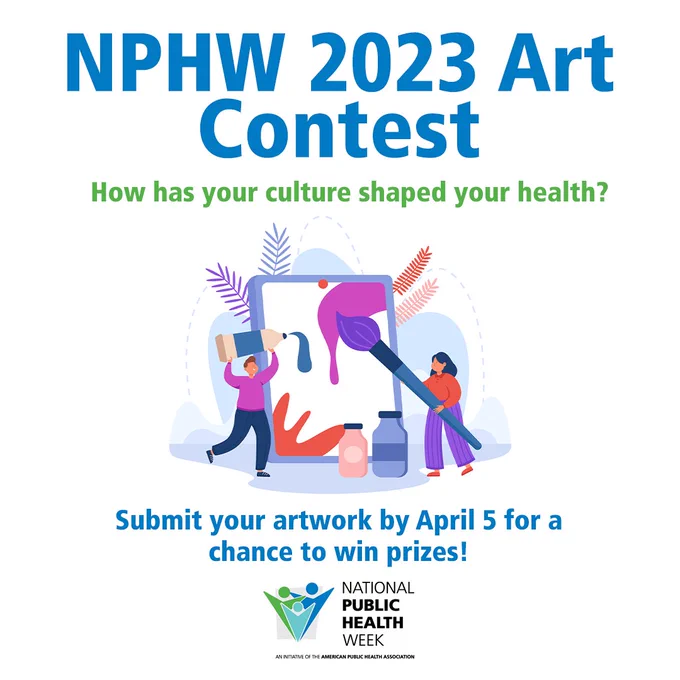 NPHW 2023 Art Contest. How has your culture shaped your health? Submit your artwork by April 5 for a chance to win prizes. Illustration of two people painting on a big canvas, and the NPHW logo.
