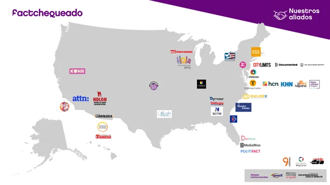 A map of the United States with the logos of media organizations located over their geographic coverage areas. 
