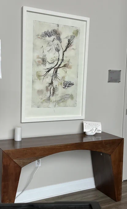 An Artworks for Cancer artwork installed in the lobby of Hospice Vaughan: Susan Collette, Lineage IV, 2011, Monoprint 1/1