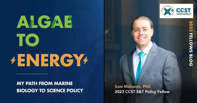 A graphic with the blog title and a prominent photo of the author with some illustrations showing algae and energy bolts.