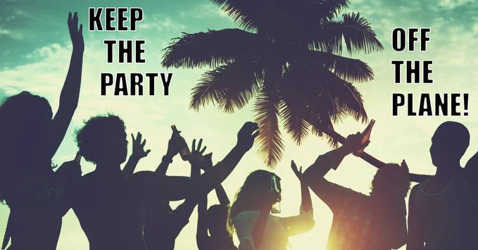 Keep the party off the plane! And the image shows a bunch of people dancing on a beach near a palm tree.