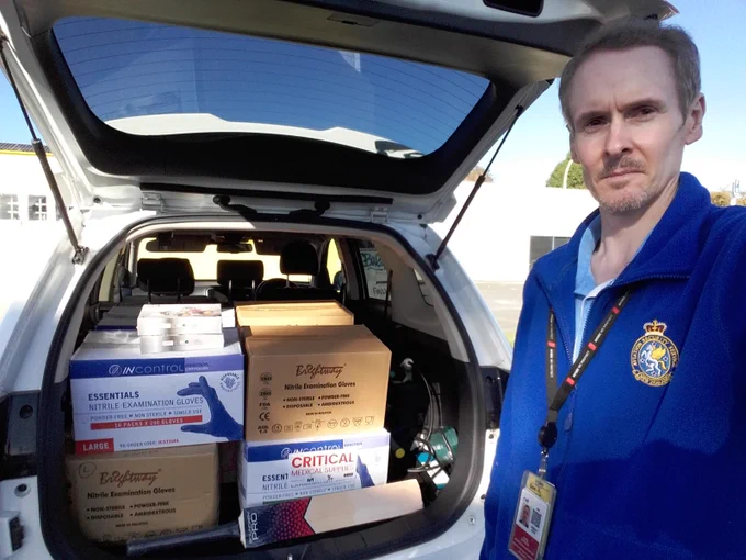 John Garden with scissors and sporting equipment relinquished at Auckland Airport AvSec screening point, headed for Hawke's Bay and Napier schools