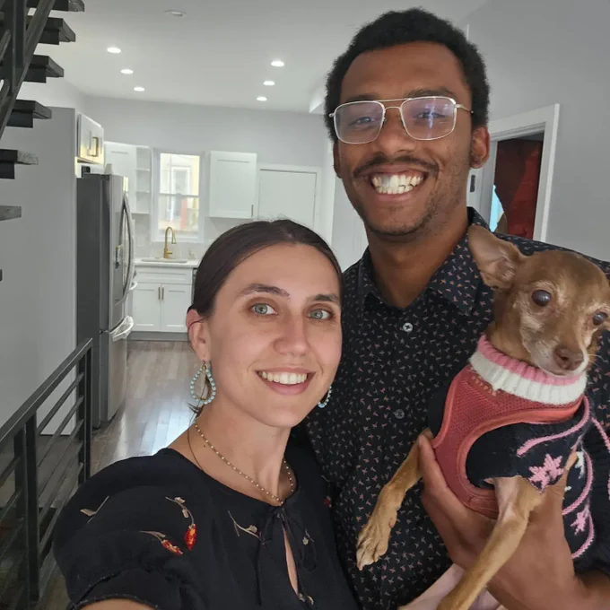 A photo of me, Ursula and Reindeer the chihuahua. Selfie in the kitchen of our new Philly row home.