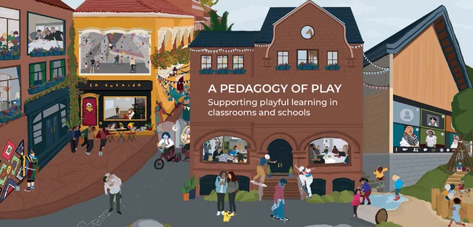 An illustration of a small town with several buildings. Several people are walking, riding bikes, skate boarding, playing in puddles, holding balloons, and making art.