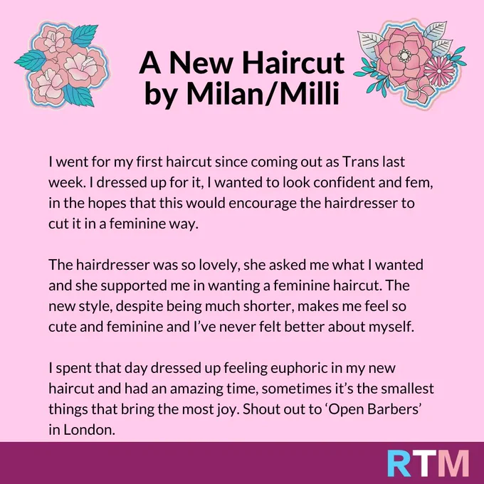 Image shares a story "A New Haircut by Milan/Milli", of her joy from getting her first haircut since coming out. She went to 'Open Barbers' an LGBT  hairdresser in London.