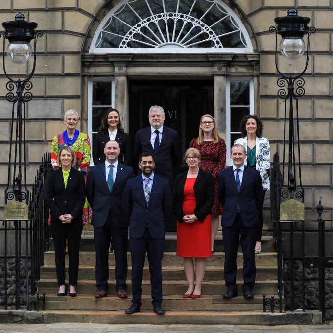 Scottish Cabinet standing outside the steps of Bute House