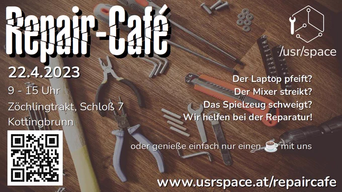 Ein "Plakat" für das Repair Café mit Datum, Zeit und Ort.