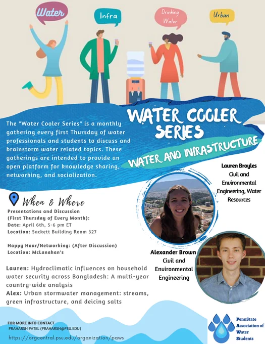 Lauren Broyles: civil and environmental engineering, Water resources. Will present a talk titled hydroclimatic influences on household water security across Bangladesh: a multi-year countrywide analysis. Alexander Brown: civil and environmental engineering. What percent of talk titled Urban storm water management: streams, green infrastructure, and de-icing salts. 