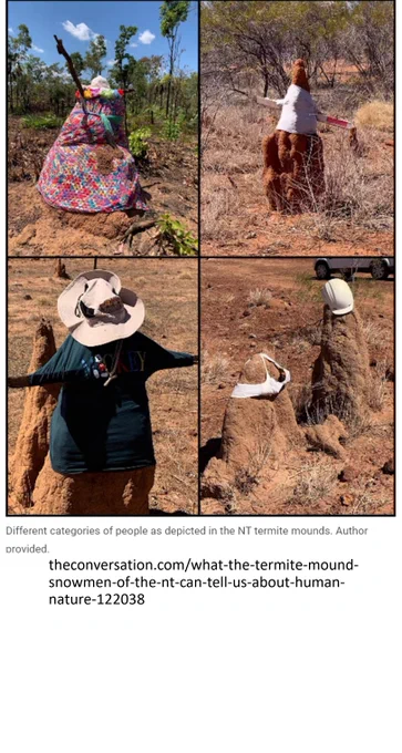 shows termite mounds dressed up in human clothes. some of them have hats on top of their heads and others are wearing dresses. they look a lot like a snowman