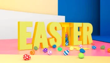Large upper case letters spelling Easter and lots of coloured eggs scattered around