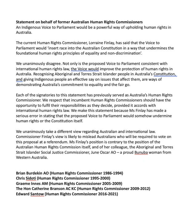 This is a statement on behalf of former Australian Human Rights Commissioners: Brian Burdekin AO, Chris Sidoti, Graeme Innes AM, the Hon Catherine Branson AC KC and Edward Santow.

