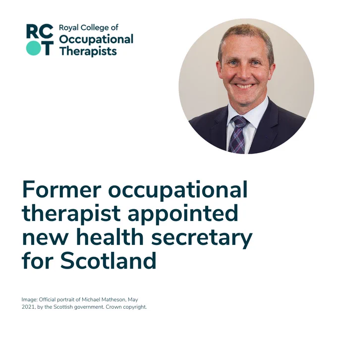 Michael Matheson MSP smiles at the camera. They are wearing a suit and tie and has short hair. Text reads former occupational therapist appointed new health secretary for Scotland.