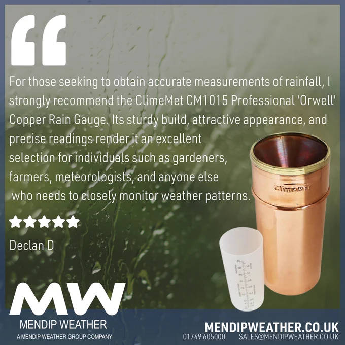 ⭐️⭐️⭐️⭐️⭐️ 

Thank you Declan for your review. 

👉 You can buy yours now - https://mendipweather.co.uk/weather-stations/gifts-and-weather-stations-under-200/climemet-cm1015-professional-orwell-copper-rain-gauge/

#customer #customerreview #customerservice #customerfeedback #customerexperience #customerappreciation #customersatisfaction #action #weather #weatheruk #ukweather #photography #weatherphotography #weatherstation #weatherstationsystems