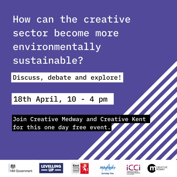 A text card that reads How can the creative sector become more environmentally sustainable? Discuss, debate and explore! 18th April 10-4pm.
