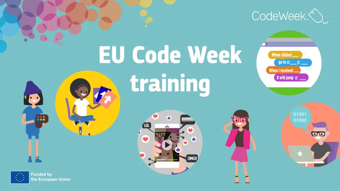 EU Code Week training shows children doing different creative activities including programming. EU Code Week is Funded by the European Union. EU flag.