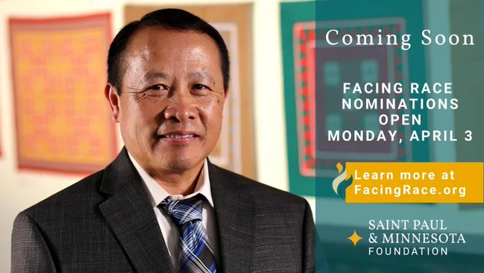 Txongpao Lee headshot, with text: Coming Soon. Facing Race Nominations Open Monday, April 3