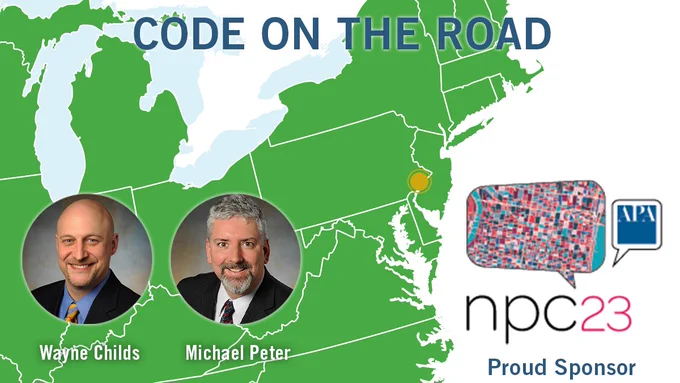 General Code on the Road at the NPC23 event; proud sponsor; Wayne Childs, Michael Peter; American Planning Association.