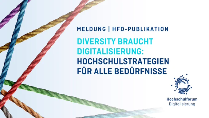 Links sind Seile in verschiedenen Farben zu sehen, die sich überkreuzen. Rechts steht: "Meldung/HFD-Publikation: Diversity braucht Digitalisierung: Hochschulstrategien für alle Bedürfnisse." Unten rechts ist das Logo des HFD abgebildet.