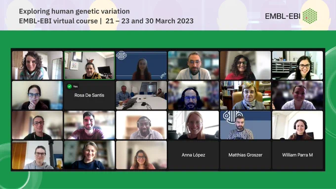 A zoom screenshot of 26 people smiling at the camera under the words Exploring human genetic variation. EMBL-EBI virtual course |  21 – 23 and 30 March 2023. EMBL-EBI logo.