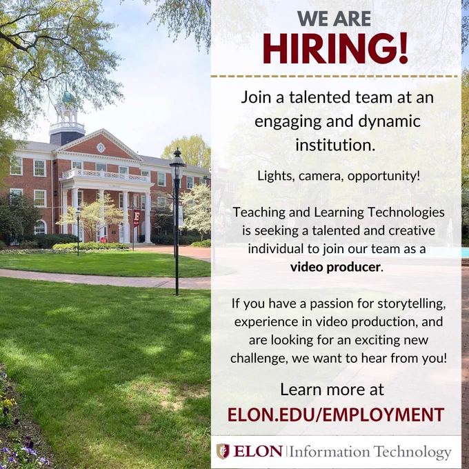 Image of Alamance building. We are hiring a video producer in Teaching and Learning Technologies. If you have a passion for storytelling, experience in video production, and are looking for an exciting new challenge, we want to hear from you.