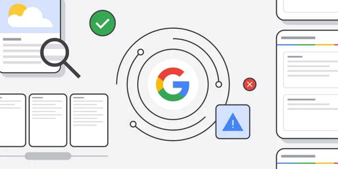 The Google "G" logo sits in the middle of the illustration, surrounded by mock search results, a check mark, a warning sign and a X symbol. 