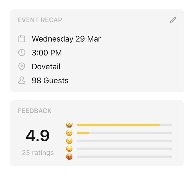 Event summary showing positive feedback - 4.9 out of 5