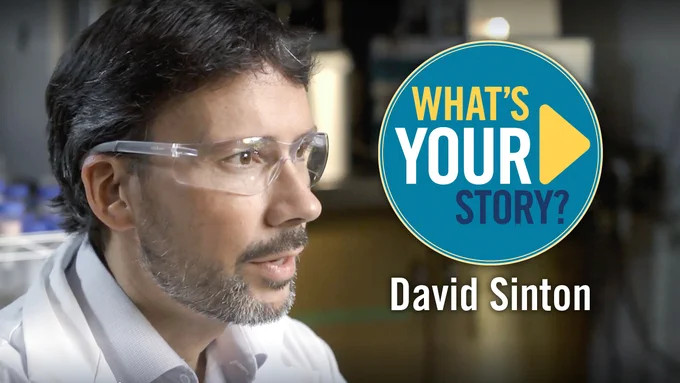 Text to the right of image of David Sinton reads: What's Your Story? David Sinton.