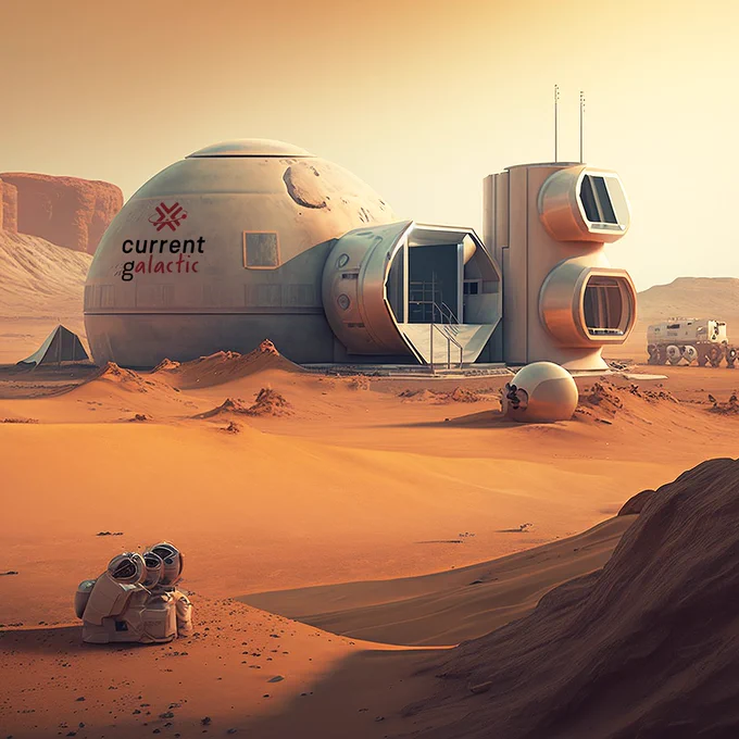 An image of the Current Galactic "Mars Office," which is a futuristic station on the Mars surface (a red, sandy ground with rocks and hills in the background). The station is made of a white dome with other modular pieces. The Red Current Galactic logo is on the side of the dome.