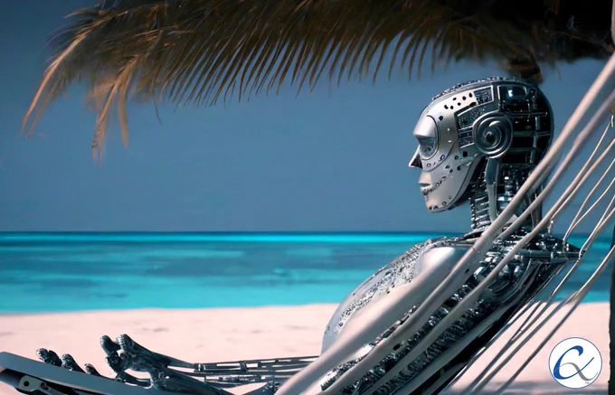 Android robot relaxing on the beach