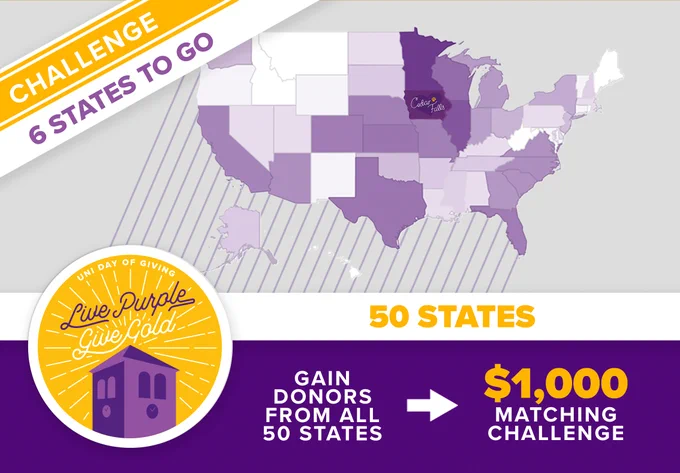 #LivePurpleGiveGold graphic with words: Challenge - 6 states to go in the 50 state challenge! When we gain donors from all 50 states, we'll receive a $1,000 matching challenge!