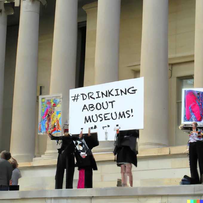 Demonstrations and a few people holding up the sign says, #Drinking About Museums!!