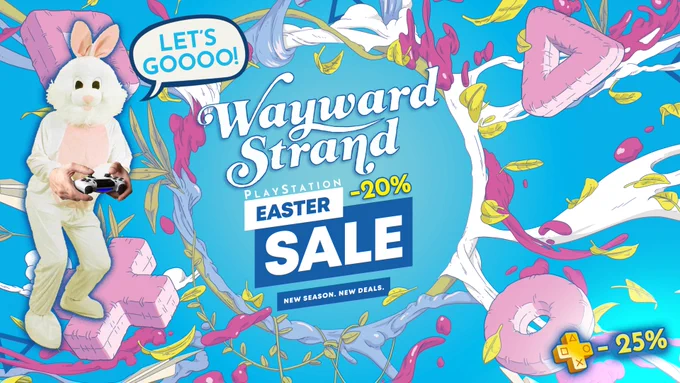 promo image for the PlayStation Easter Sale, a bright and bold illustration with various logos and information about the sale. There is also a big costume rabbit on the image, holding a PlayStation controller. The rabbit is saying "Let's Go!"