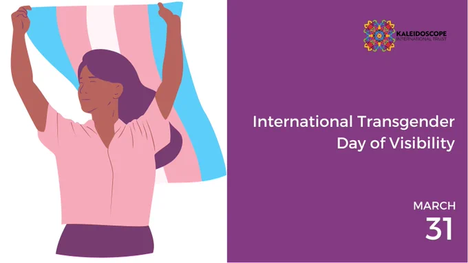 Image of person holding a trans equality flag with the words: International Transgender Day of Visibility March 31