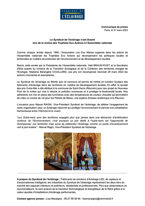 Communiqué de presse du Syndicat de l'éclairage du 31 mars 2023