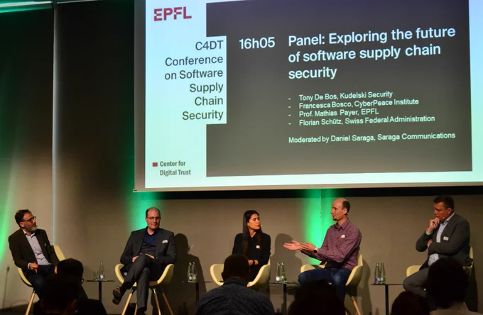 Closing panel at the Center for Digital Trust (EPFL) Software Supply Chain Security Conference - Daniel Saraga, Florian Schütz, Francesca Bosco, Mathias Payer, Tony DeBos