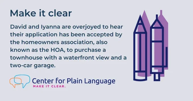 A decorative image that says: David and Iyanna are overjoyed to hear their application has been accepted by the homeowners association, also known as the HOA, to purchase a townhouse with a waterfront view and a two-car garage.