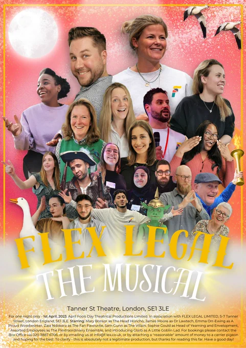 A promotional poster for Flex Legal: The Musical is seen.