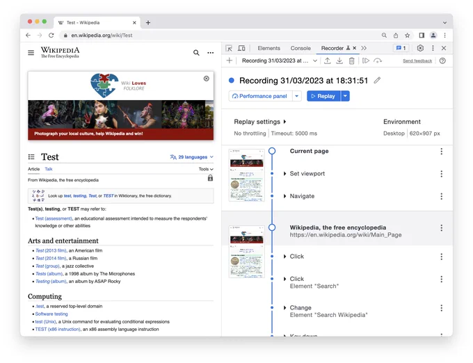Screenshot of the Recorder panel in DevTools showing a few events recorded on wikipedia.org