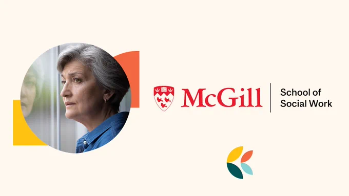 A photo of a woman looking pensive out a window next to the McGill School of Social Work logo.