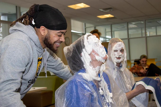 Largent admiring his pie throwing technique