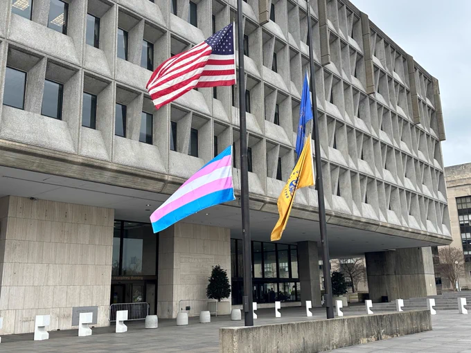 Transgender pride flag flying at HHS