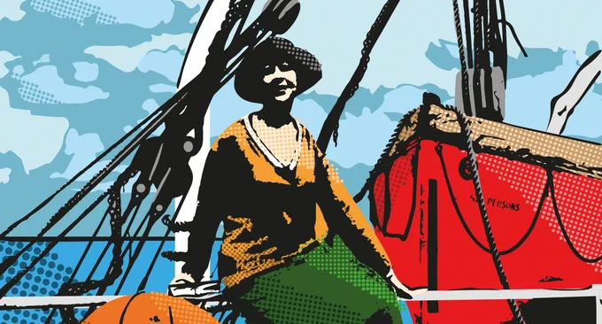 Graphic showing Agatha Christie in front of a boat (Agatha Christie Festival Limited)