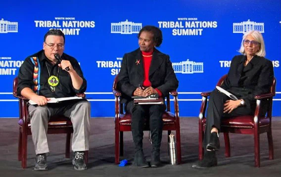 Photo of Tribal Nations Summit session releasing the guidance with Bad Rive Tribe Chairman Mike Wiggins, CEQ Chair Mallory and OSTP Director Prabhakar