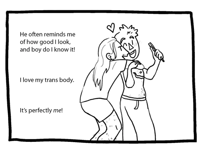 Joey is shirtless and holding a toothbrush while his boyfriend hugs him from behind. They are both smiling. The text reads: “He often reminds me of how good I look, and boy do I know it! I love my trans body. It’s perfectly me!”