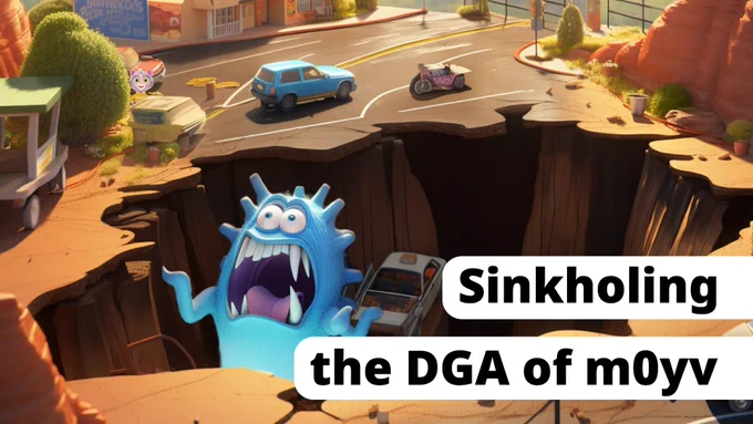 Cartoony image of a large sinkhole. A monster character sits at the bottom of the sinkhole with a desperate face. In large letters the title "Sinkholing the DGA of m0yv" is shown.