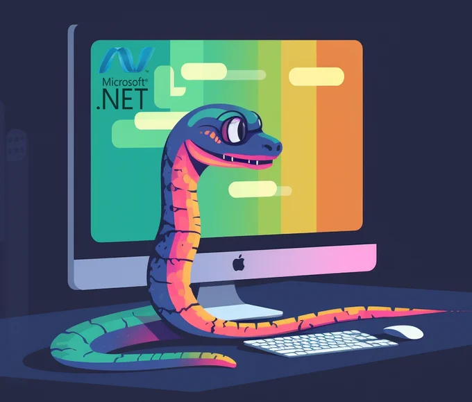 A colorful cartoon image of a Python sitting in front of a computer monitor. The monitor shows the logo of Microsoft .Net