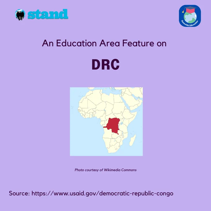 Light purple background with dark purple text reading, "An Education Area Feature on DRC." Below is a map of Africa with the DRC highlighted in red.