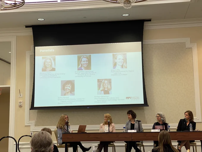 Women’s leadership round table at Notre Dame Digital Learning Summit. Rebecca Stein, Kristen Eshleman, Amy Collier, Romy Ruukel, Evangeline Cummings
