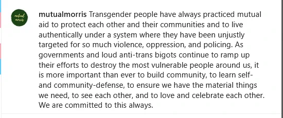 Screenshot of text from @mutualmorris on Instagram: "Transgender people have always practiced mutual aid to protect each other and their communities and to live authentically under a system where they have been unjustly targeted for so much violence, oppression, and policing. As governments and loud anti-trans bigots continue to ramp up their efforts to destroy the most vulnerable people around us, it is more important than ever to build community, to learn self- and community-defense, to ensure we have the material things we need, to see each other, and to love and celebrate each other. We are committed to this always.

Mutual aid is pride. Pride is mutual aid.

#TransgenderDayOfVisibility"