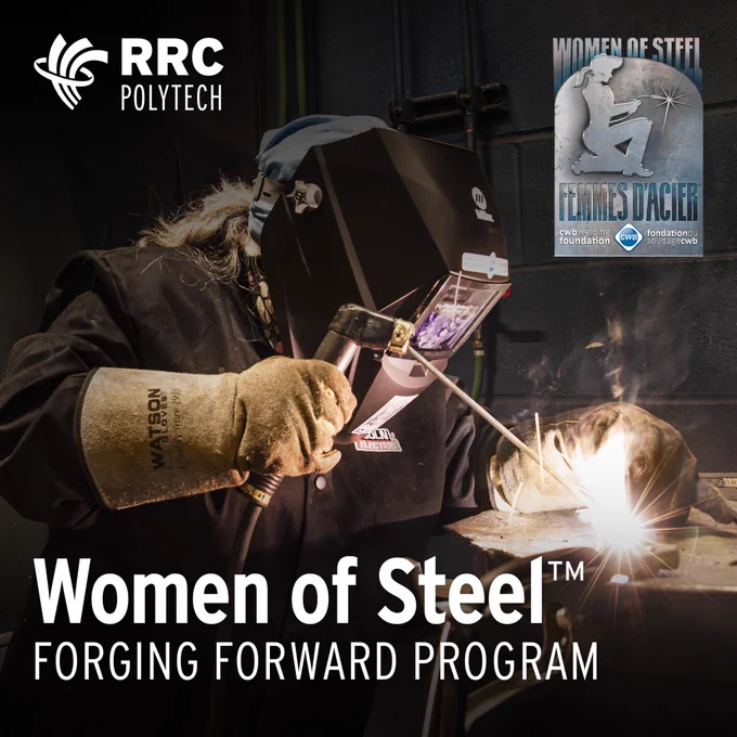 Person welding includes logos and text